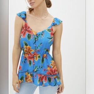 NWT Farm Rio Floral Ruffled Blue Sleeveless Top Size XS